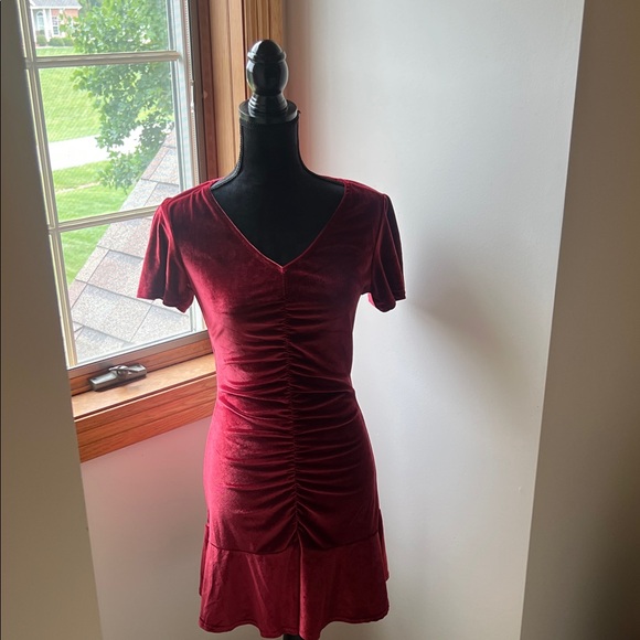 Velvet Burgundy V-Neck Dress - Picture 1 of 6